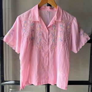 Vintage Pink Embroidered Lightweight Button Up